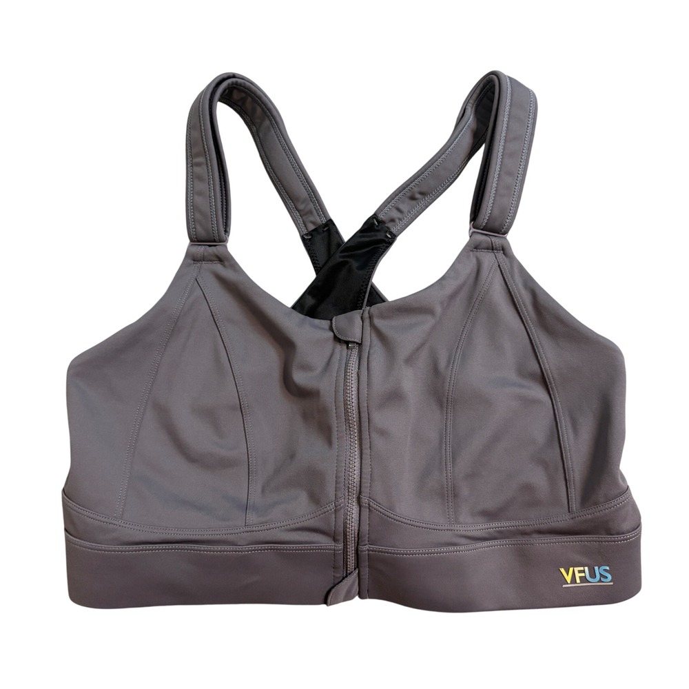 VFUS Women Charcoal Gray Front Zip High Impact Sports Bra XX-Large Adjustable